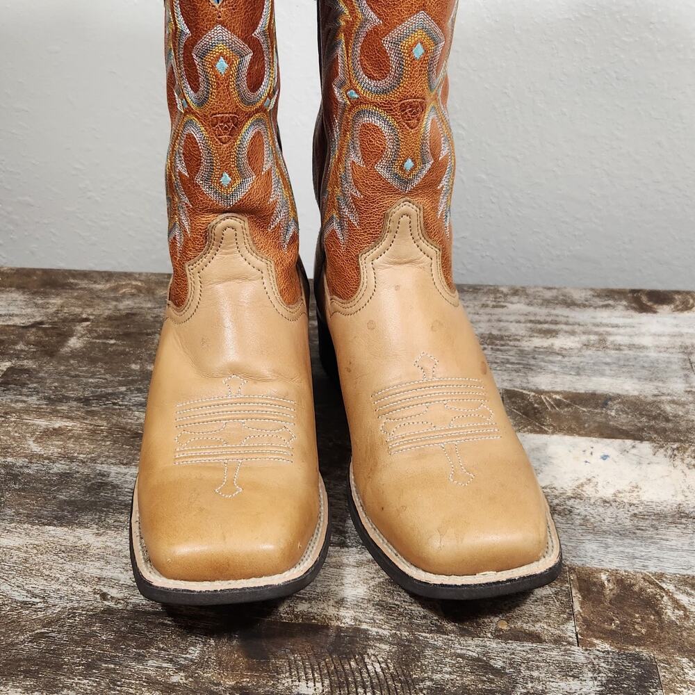 Ariat Tombstone Cowboy Boots Womens 9 B Tan Teal Leather Square Country Cowgirl - Picture 2 of 14